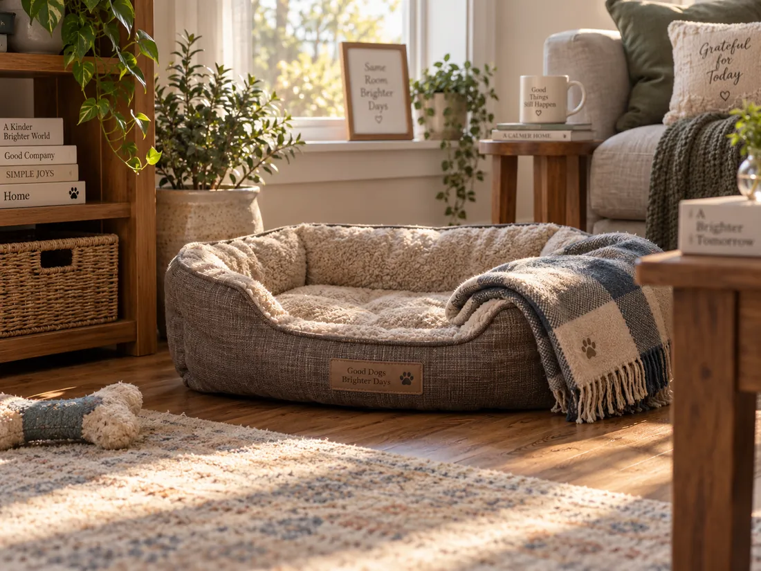 La cama vacía de un perro en la sala de una casa, con una manta doblada y luz de mañana