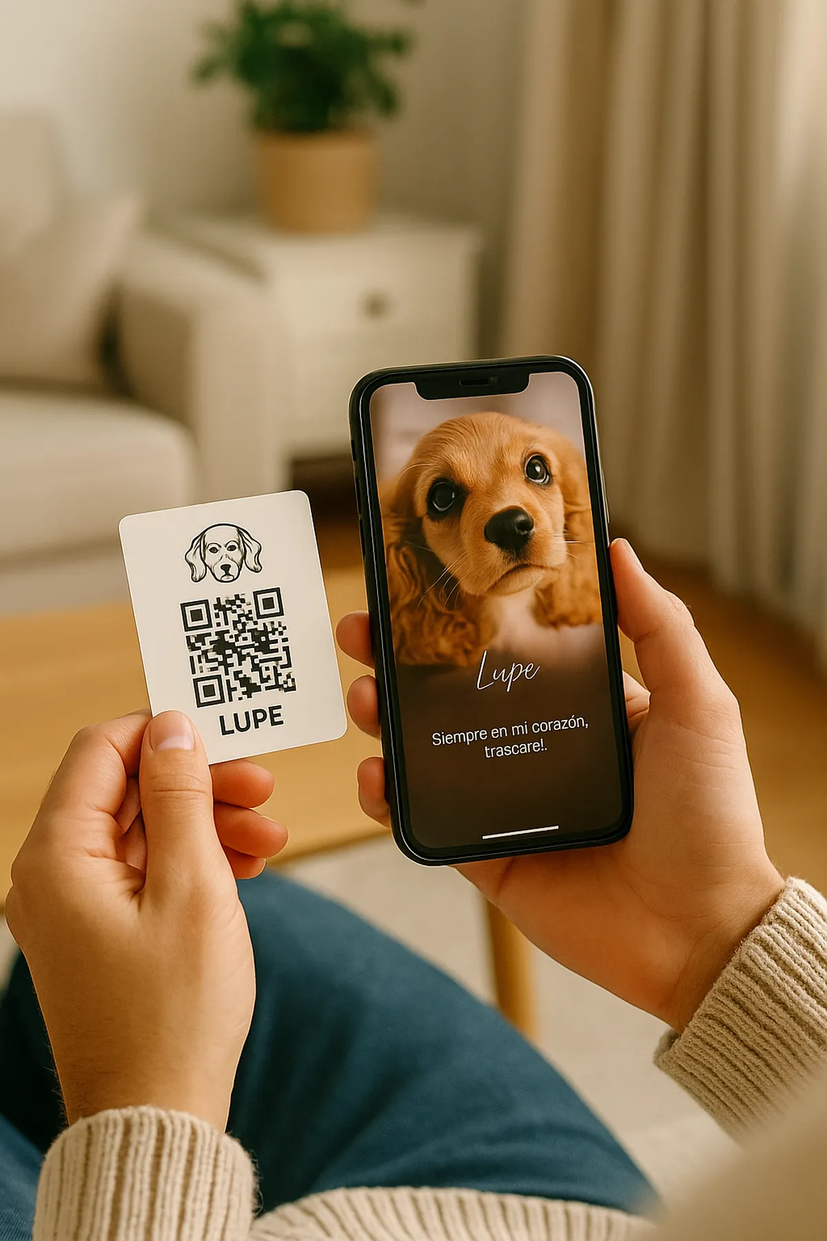 Una mano sostiene una tarjeta con código QR junto a un celular que muestra el recuerdo de una mascota