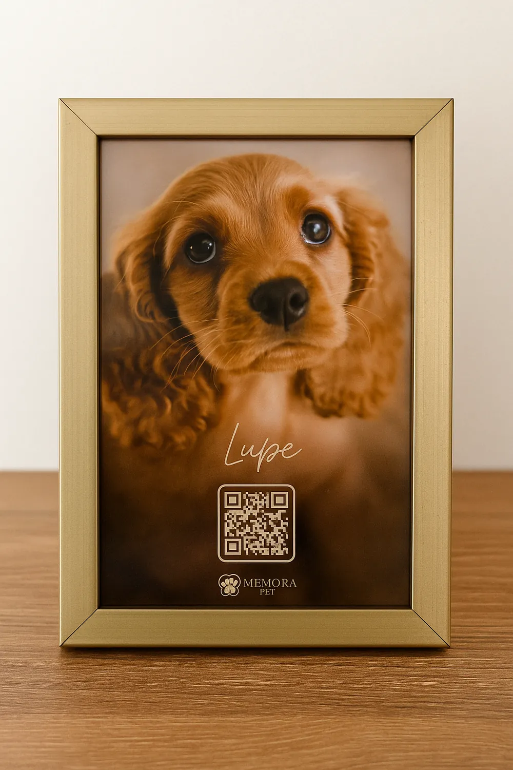 Portarretrato dorado con su foto y el código QR