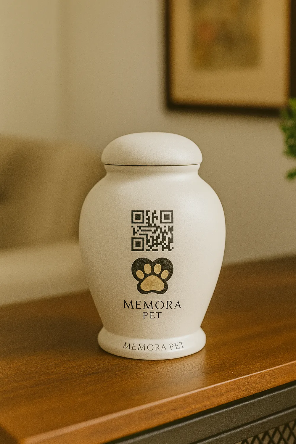 Urna blanca con el código QR y una huella grabada